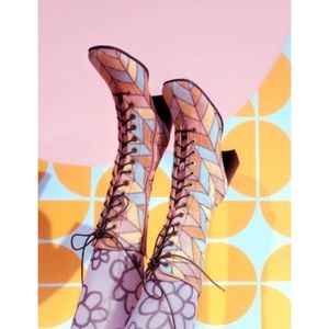 Jeffrey Campbell | Hunts Patchwork Lace Up Boots in Light Suede Multi Size 6.5